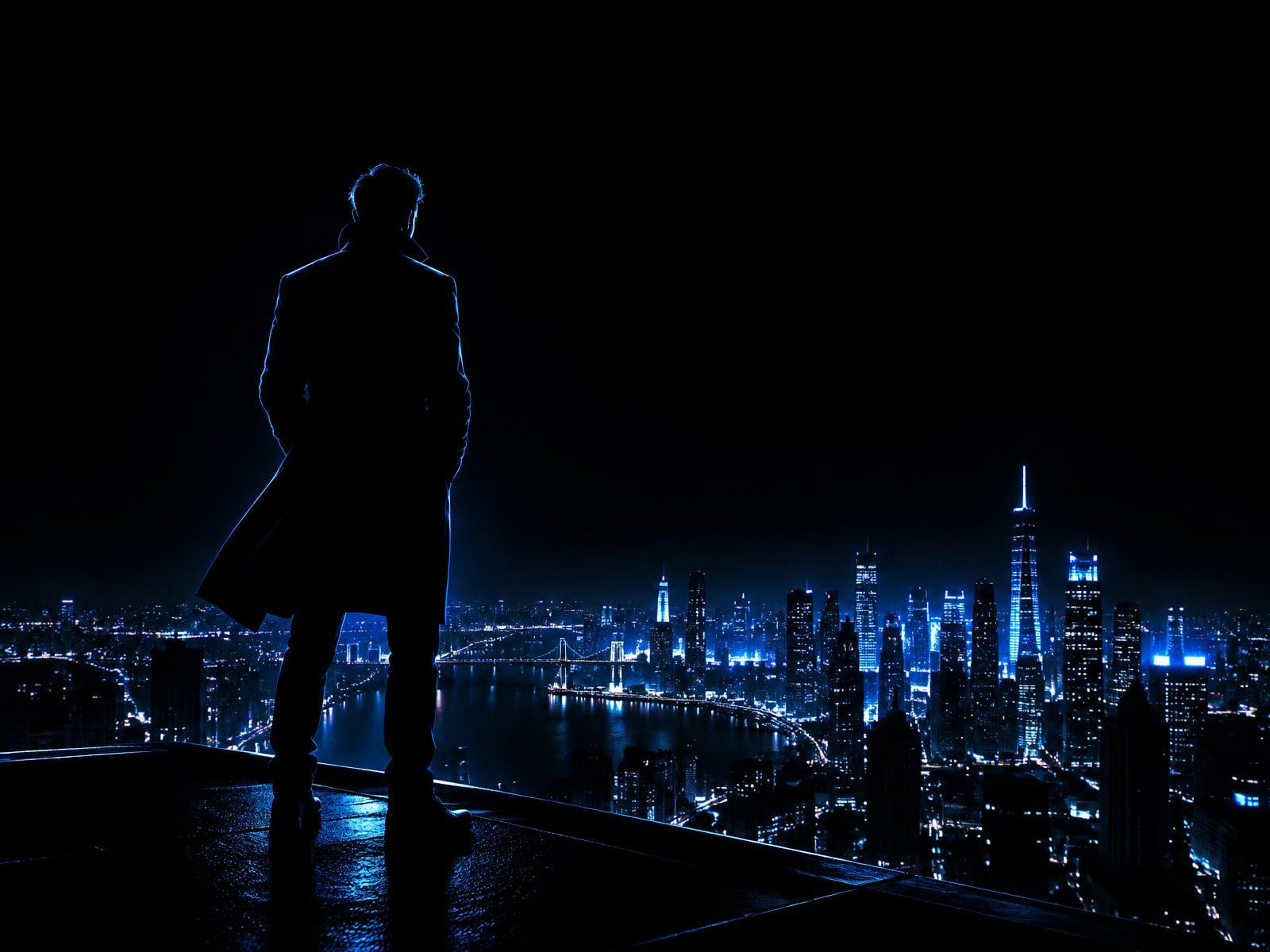 Pessoa observando o horizonte de uma cidade iluminada à noite